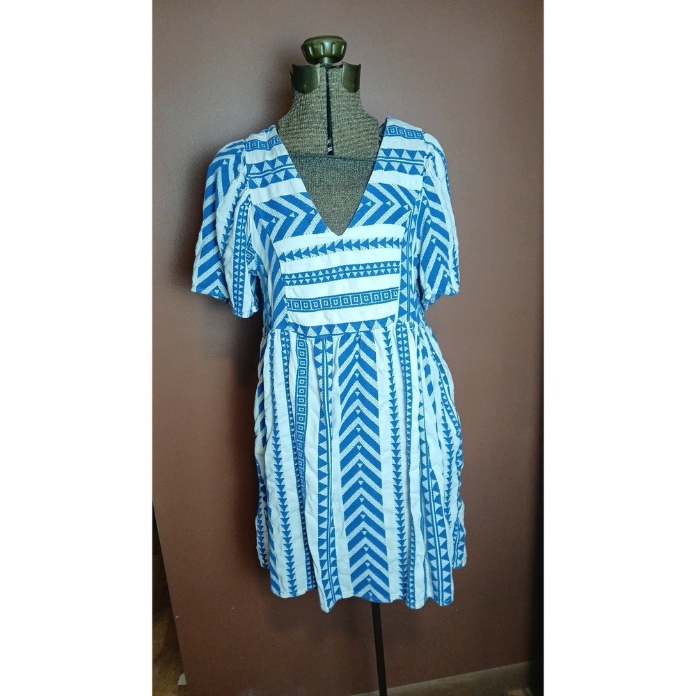 Old Navy Blue White Geometric V-Neck Mini Dress Pockets Small